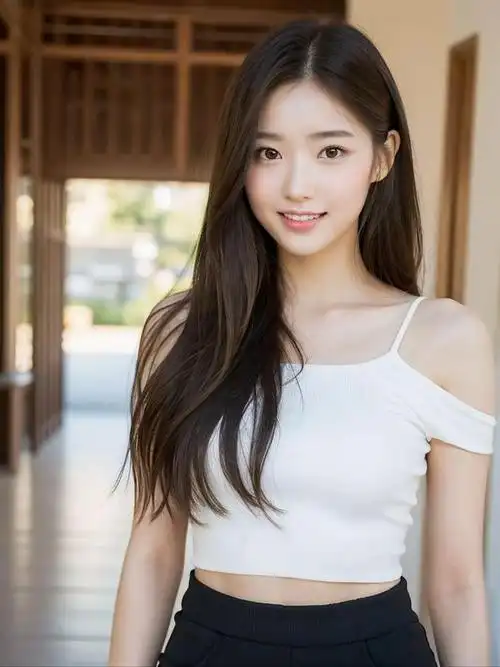 美女甜美少女笑容灿烂白衣黑裤展现青春活力