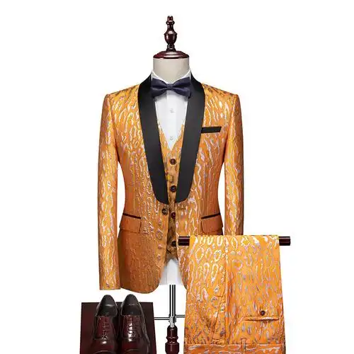 跨境新款男装西服晚礼服新郎套装欧美风布绣拼色西装三件套演出服