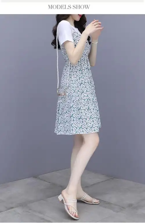 碎花连衣裙女装夏季2021新款今年流行气质小个子假两件套裙子 - 17网