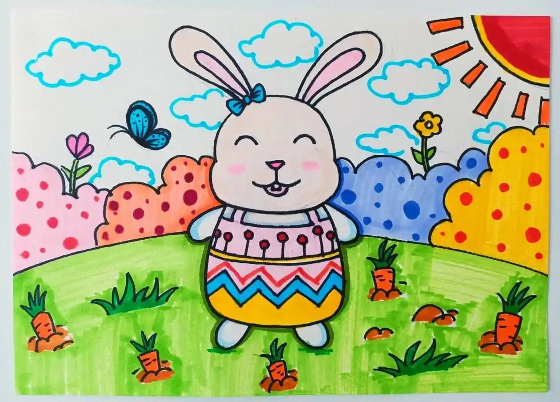 创意卡通儿童画花颜兔可爱的穿衣服的小兔子 原创.