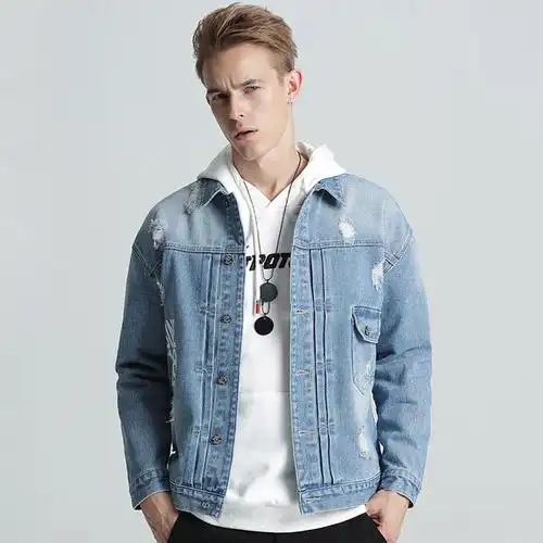 2018新款夹克男牛仔秋冬时尚潮流欧美青少年破洞翻领牛仔衣宽松短外套