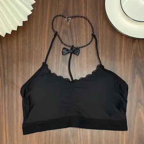 冰丝内搭短款上衣蝴蝶结挂脖吊带背心抹胸内衣女夏季白珍珠挂脖均码