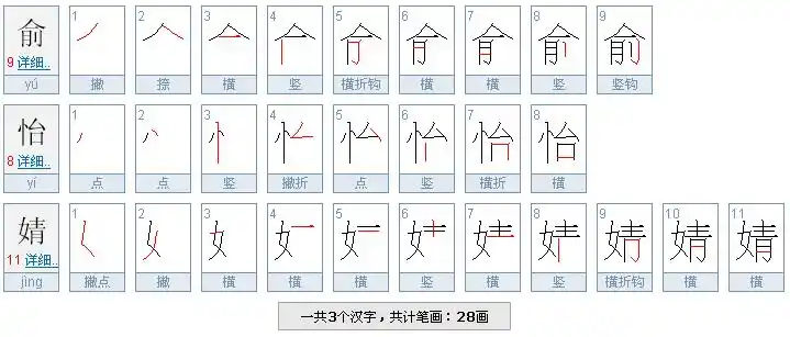 俞怡婧的笔画笔顺怎么写