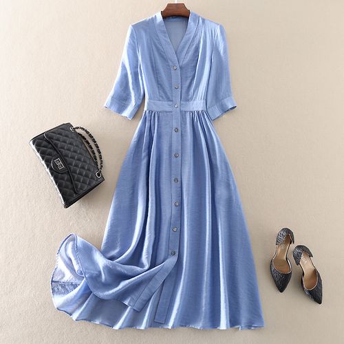 2020夏季新款高端气质优雅女装中长款显瘦a字裙中袖丝麻连衣裙子