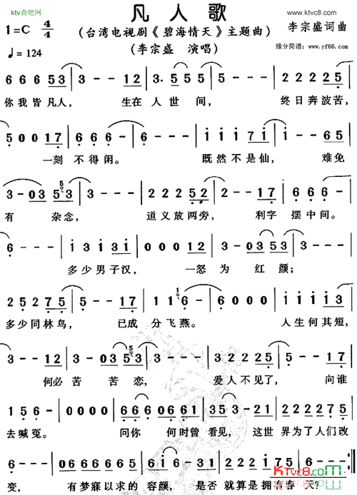 凡人歌简谱-李宗盛演唱-看谱啦