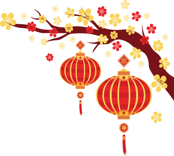 腊梅枝头悬挂的大红灯笼卡通风免抠图