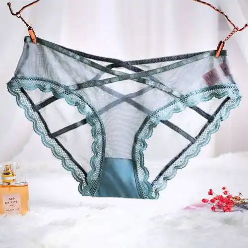 维密主播联名欧美无痕超薄网纱女士性感内裤女蕾丝透明三角裤低腰