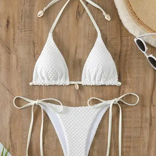 亚马逊泳衣女2024新款比基尼豆豆面料贝壳分体跨境纯欲系带性感