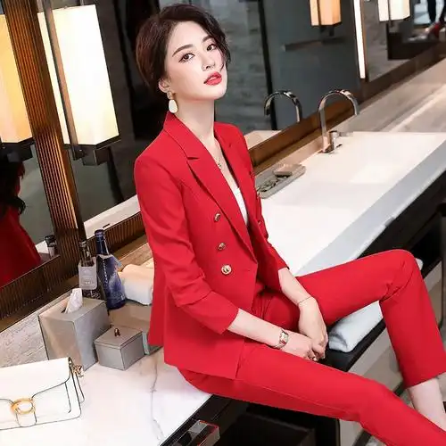 春秋双排扣小西装外套上衣修身套装职业装挺括气质正装大红色女装