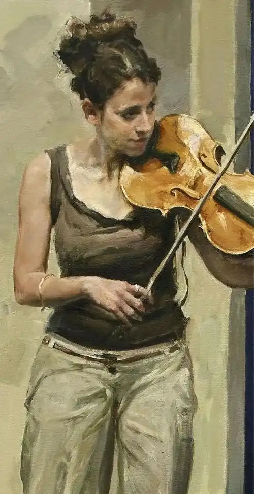 每日名画|崔小东的小提琴演奏者的油画