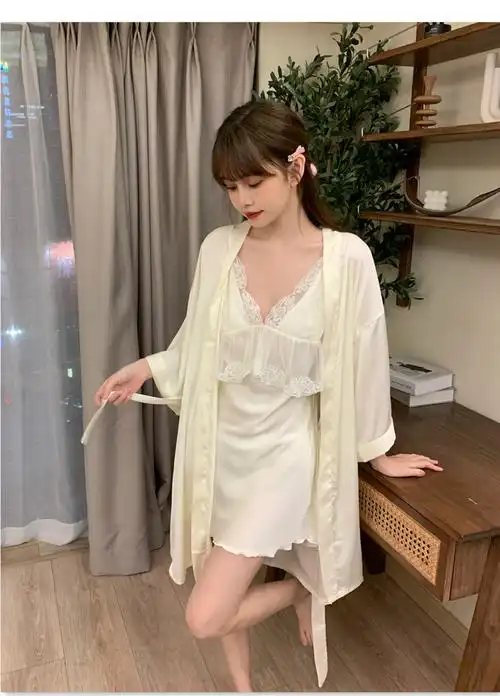 网红情趣吊带睡袍高级感冰雪丝性感蕾丝吊带裙晨袍两件套裙袍睡衣