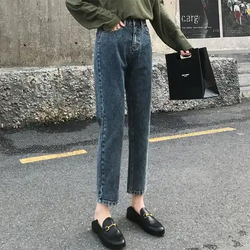 新款实拍牛仔裤女春秋季2018新款宽松直筒裤冬韩版显瘦哈伦裤老爹