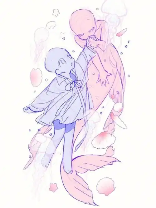 海底美人鱼双人q版线稿模板