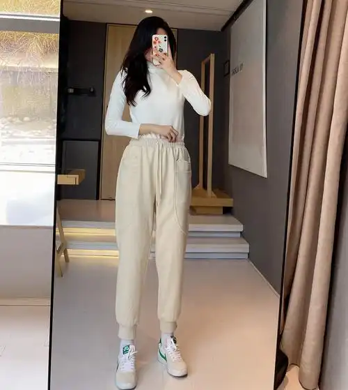 wmxz米色束脚宽松显瘦秋冬加厚高腰休闲卫裤大口袋加绒裤休闲裤女