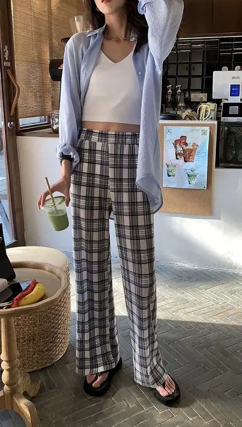 黑白格子裤压褶风格新款女高腰直筒阔腿裤韩版宽松显瘦休闲拖地裤