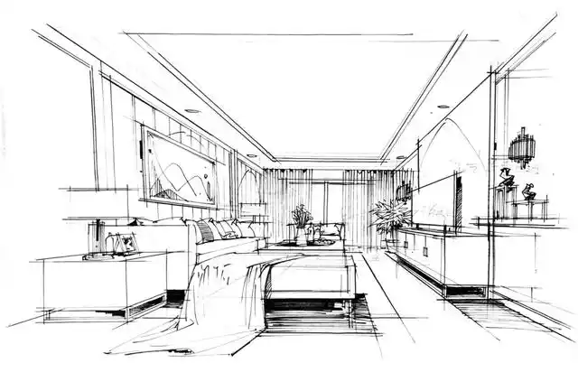 擦除铅笔线稿,整个空间的轮廓框架线稿就基本画出来了,效果图写生手绘