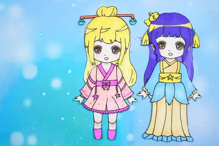 十二星座古风汉服手绘天秤座女孩纸娃娃手工贴纸