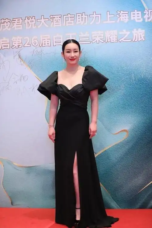 中年的秦海璐还热衷泡泡袖,长纱裙透亮时尚,有点显胖但气势挺足