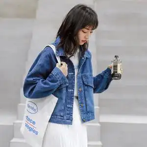 牛仔外套女2021秋季新款韩版宽松大口袋学生短款夹克,深蓝色polo搭配