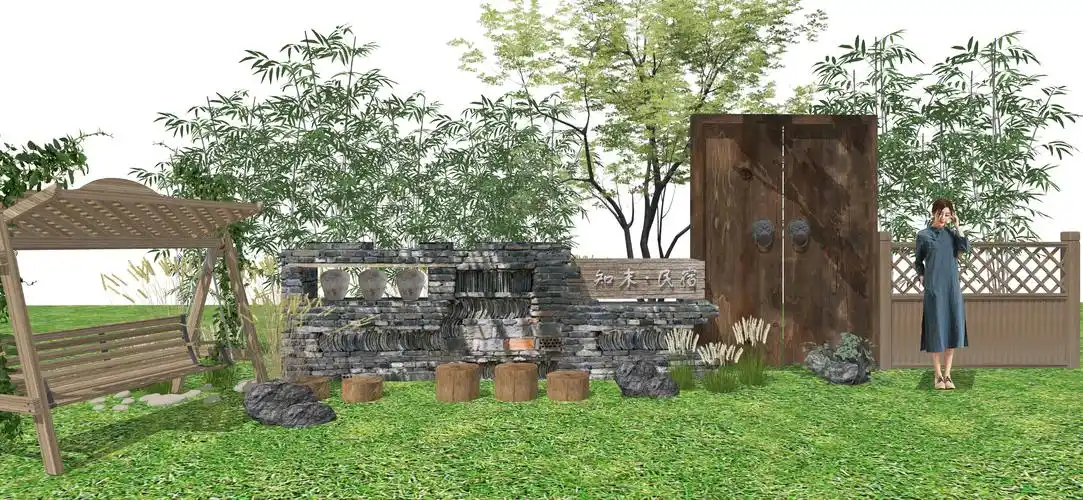 新中式景墙乡村田园景观墙民宿景观su模型