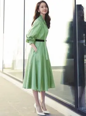 明星同款林允儿果绿色长裙子春秋装高级感条纹衬衫裙收腰连衣裙女