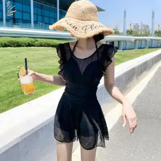 绿野客温泉泳衣女网红性感保守连体游泳衣女款新款裙式泡温泉显瘦黑色