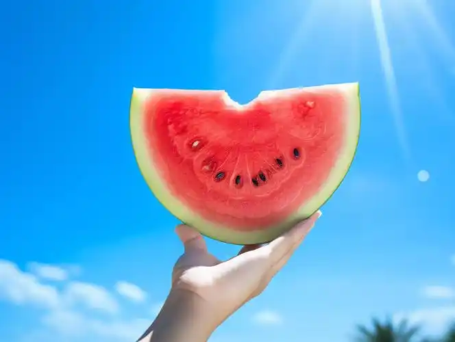 一只手举着西瓜蓝天天空夏天水果蓝色天空背景自然风景壁纸清新