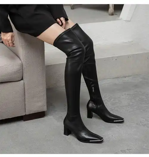 长筒靴过膝过膝超长靴女加宽筒欧美漆皮长靴女秋冬过膝靴弹力高跟加绒