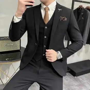 西服套装男秋冬季新款帅气潮流休闲西服三件套男士商务正装大码西装