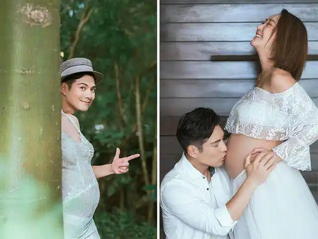 毛俊杰孕期写真,身穿露肩礼服女人味爆棚,挺着大肚子也要美美哒