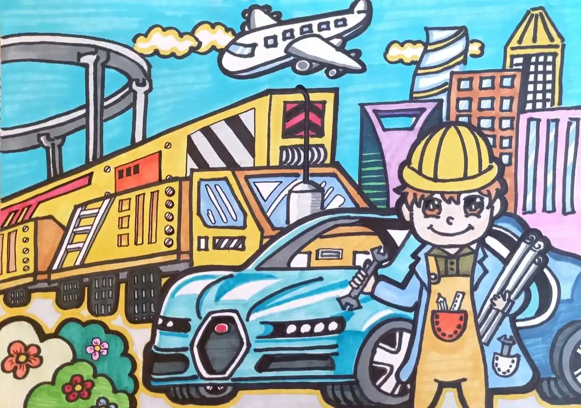 "我的梦想"主题儿童画 这个小朋友的梦想是当工程设计师,于是我在画面