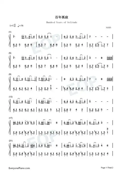 百年孤寂c调简单版王菲双手简谱预览1