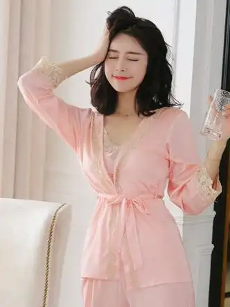 贤语新款春夏季长袖刺绣丝绸家居服女性感吊带睡衣三件套薄款夕阳红m