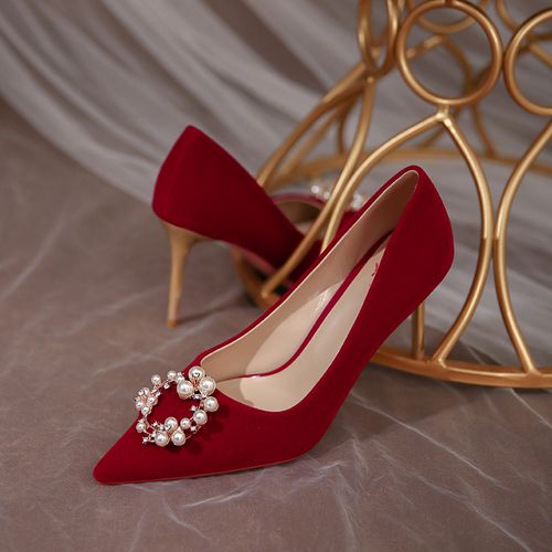 秀禾服婚2022年新款红色珍珠高跟鞋结婚鞋子新娘单鞋