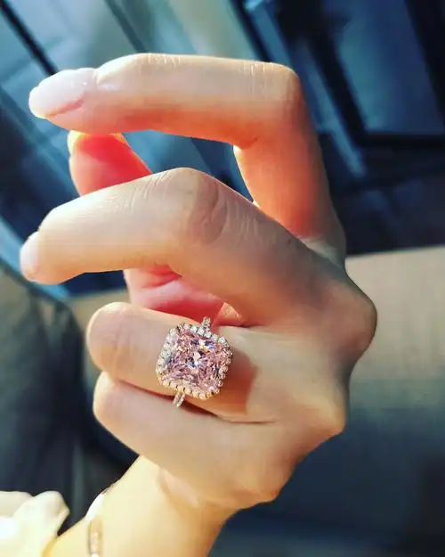 奢华雷迪恩粉钻5克拉戒指925银手镶祖母绿切割方形围镶宝石钻戒女