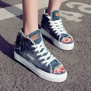 名将夏季韩版破洞做旧牛仔潮拉链系带鱼嘴帆布鞋透气女厚底高帮鞋