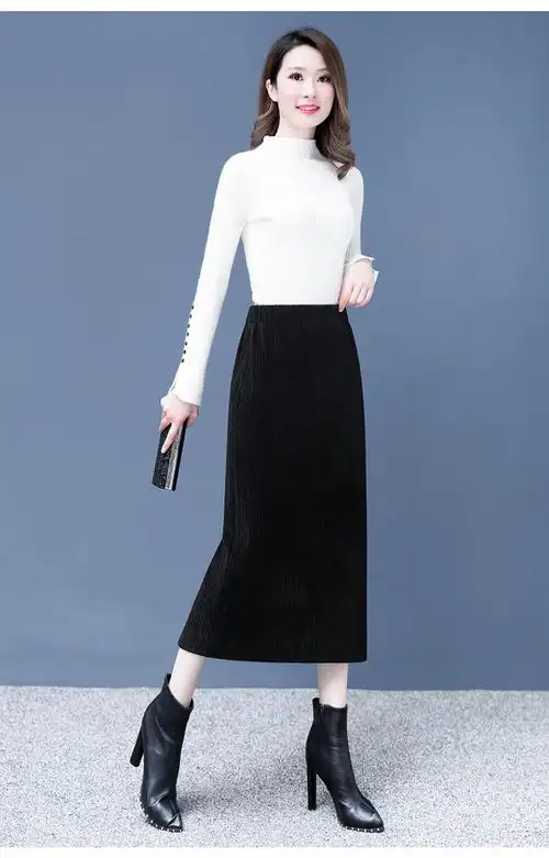 加绒加厚中长款一步裙秋冬毛呢半身裙女高腰显瘦开叉包臀裙长包裙