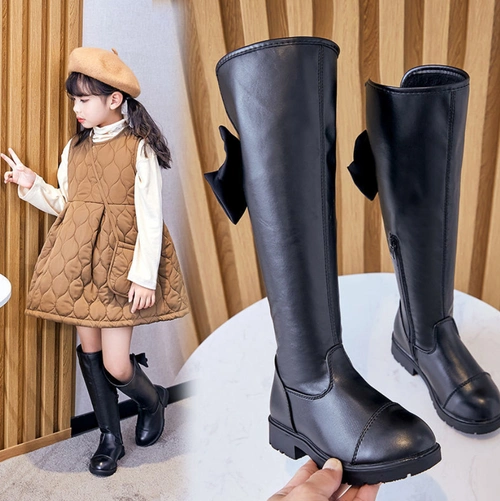 女童长靴2021冬季新款皮靴小女孩高筒靴加绒二棉靴公主靴儿童靴子