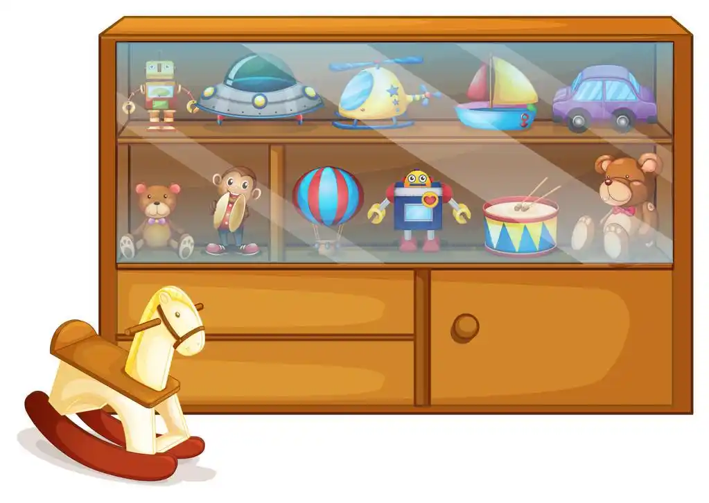 在木柜旁边的马玩具