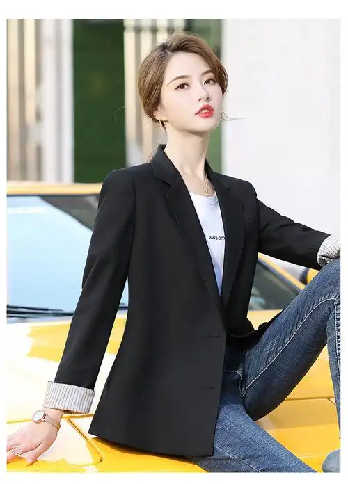 怡情姿 韩版西装外套女春秋新款时尚休闲西服上衣气质港味宽松黑色小