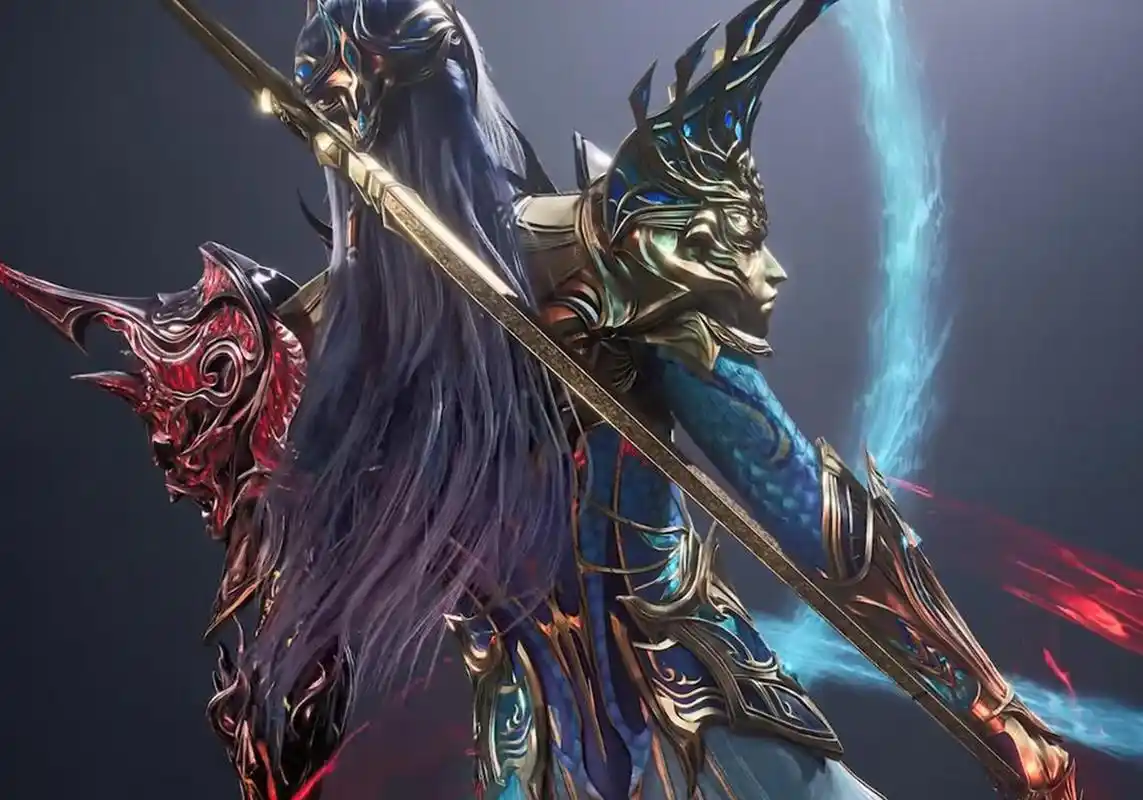 唐三双神共存神装造型,红蓝配色,手执两大神器,被染红的海神八翼有点