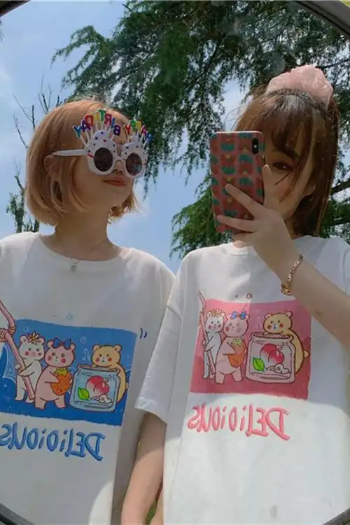 夏装新款宽松短袖女t恤闺蜜装韩版ins印花学生打底衫百搭上衣