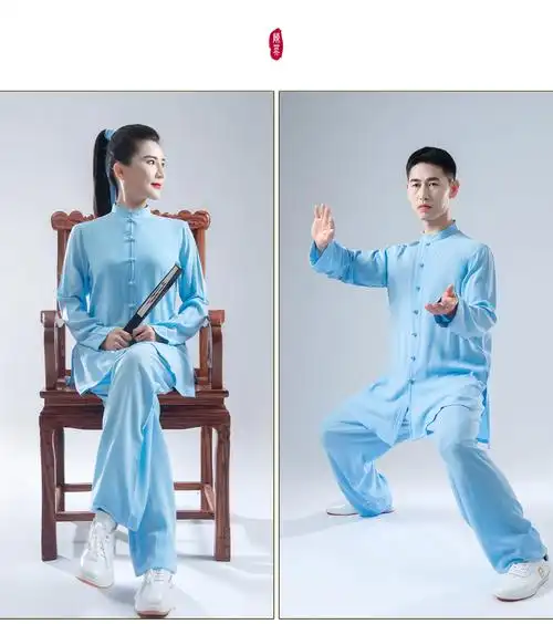 柔软棉麻 男女中国风武术练功服 陈英短袖太极拳服装 墨绿缝扣长袖 l