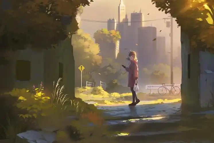 超唯美秋季动漫美景 提着东西回头望的动漫女孩壁纸
