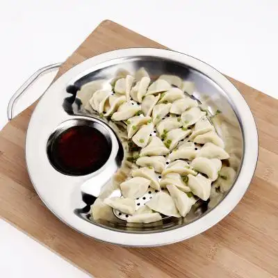 带醋碟加厚不锈钢饺子盘双层沥水不锈钢水饺盘子圆形多用盘