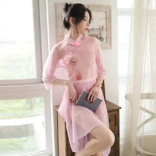 民国风学生旗袍套装蕾丝透明超薄纯欲复古刺绣长裙7分袖情趣内衣