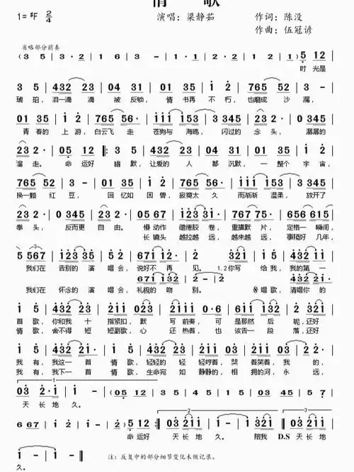 《情歌》简谱 梁静茹《情歌》简谱