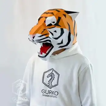 老虎头套面具纸艺diy纸模搞怪头套虎年元旦新年舞会全脸头吉祥物巴里