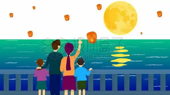 一家人一家四口中秋节站在海边赏月释放祈福灯3499782向量图片素材