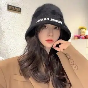 大脸帽子女胖脸大头围适合戴的百搭渔夫帽冬季毛绒黑色显脸小盆帽